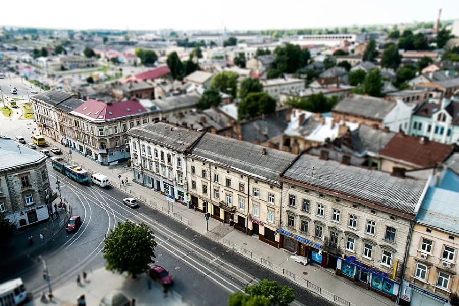 Aerial view of a city neighborhood